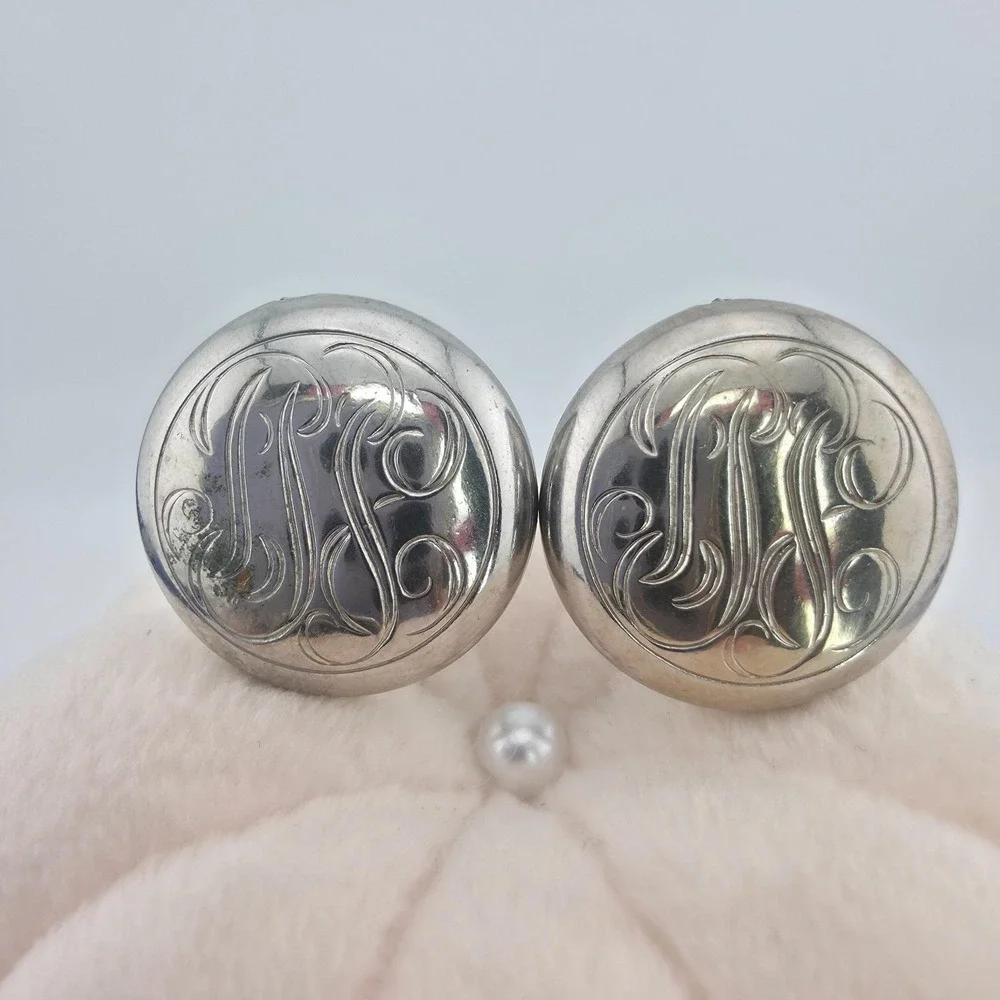 Vintage Cufflinks Engraved Monogram Scrollwork Elegant Silver Plate Bullet Back